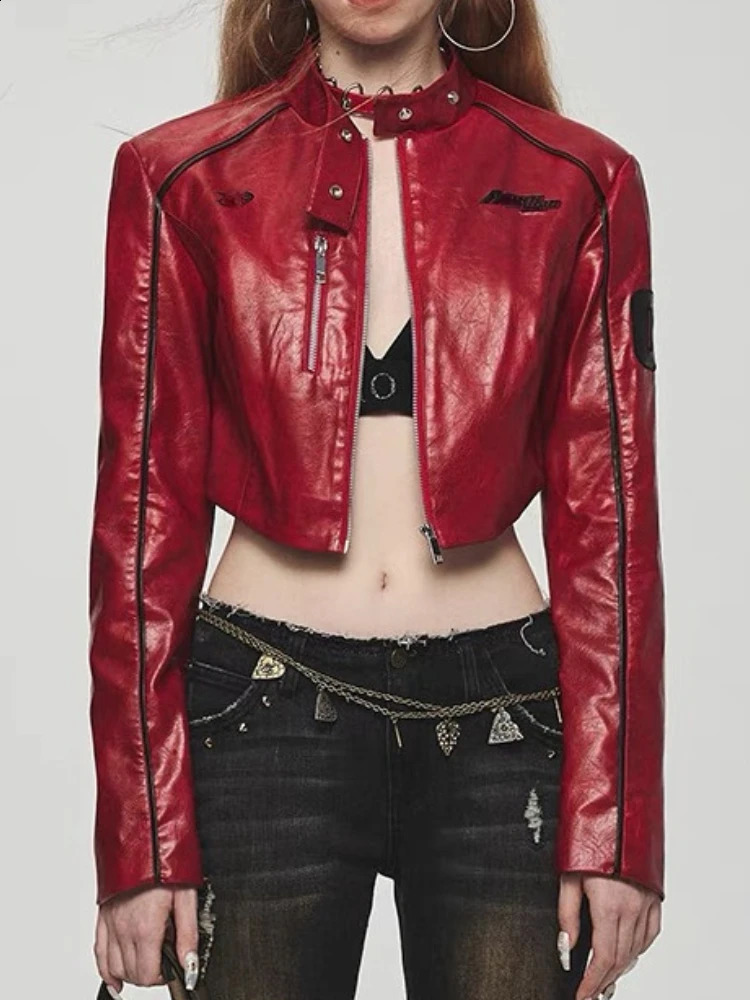 American Vintage Coats for Women Stand Neck Zipper PU Leather Short Jackets Spring Autumn Female Slim Y2k Clothing 250118