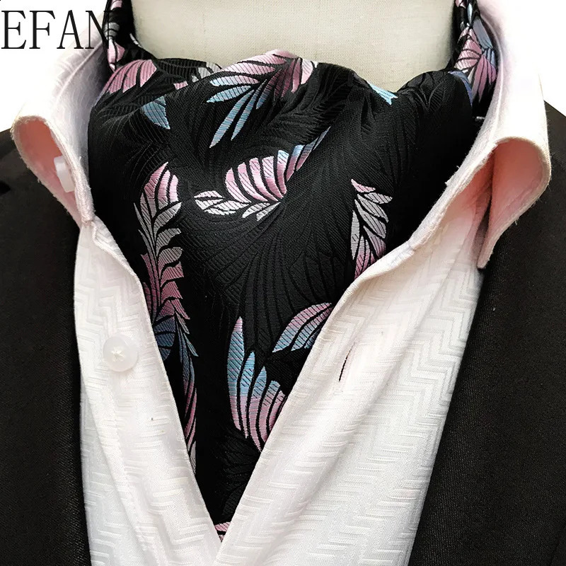 Solid Black Men Vintage Cashew Floral Wedding Formal Cravat Ascot Scrunch Self British Gentleman Silk Woven Neck Tie 250117