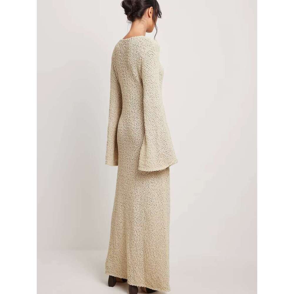 Transparent Knitted Long Women Vintage Fashion Full Sleeve U Collar Maxi Dress Female Casual Simple Summer Holiday Robe
