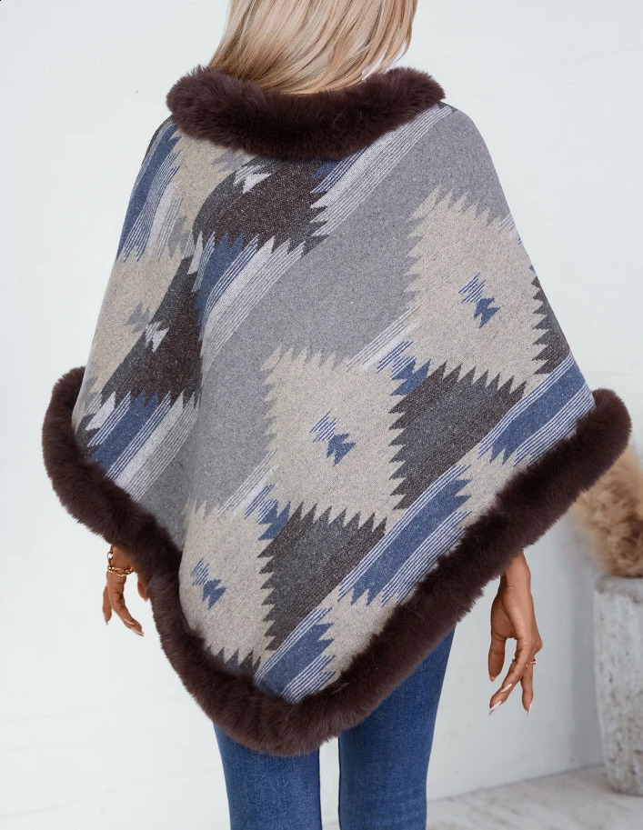 Elegant Cape Jacket Womens Hooded Shirt Winter Casual Cape Fur Collar Geometric Pattern Knitted Shawl Thick Coral Fleece Jacket 250121