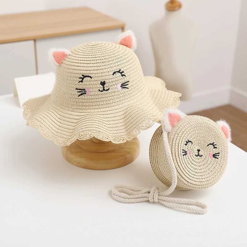 Childrens Summer Straw Hat Girls Cute Smile Wavy Cats Ears Steamed Cat-ear Shaped Bread Straw Hat Matching Bag M250121