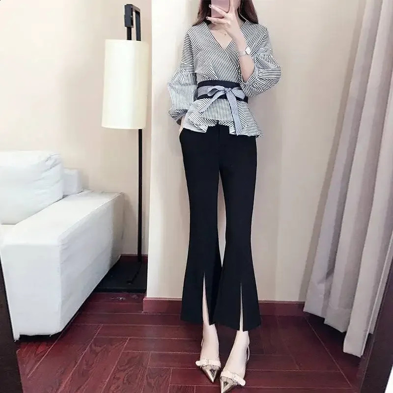 Spring Summer Womens Clothing Korean Style Elegant Tweed Fashion 2Piece Set Wide Leg BellBottom Pants Suit 250122