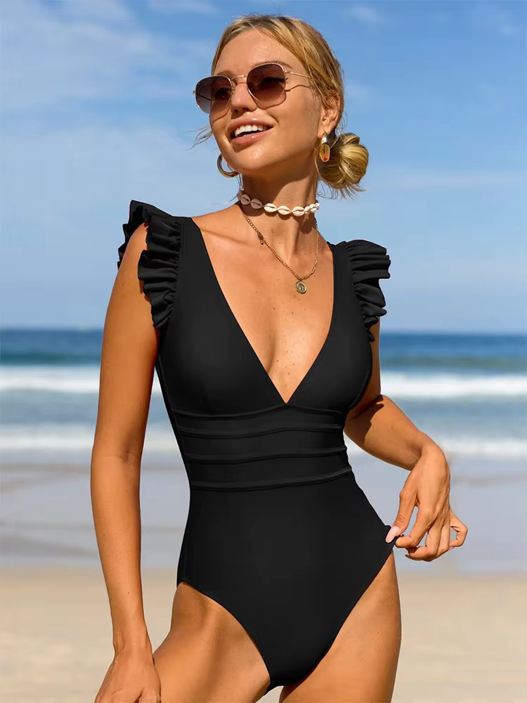 Peachtan Solid New V Neck Bikini Red One Piece Swimsuit Women Swimming Ruffle Swimwear Backless Bathing Suit
