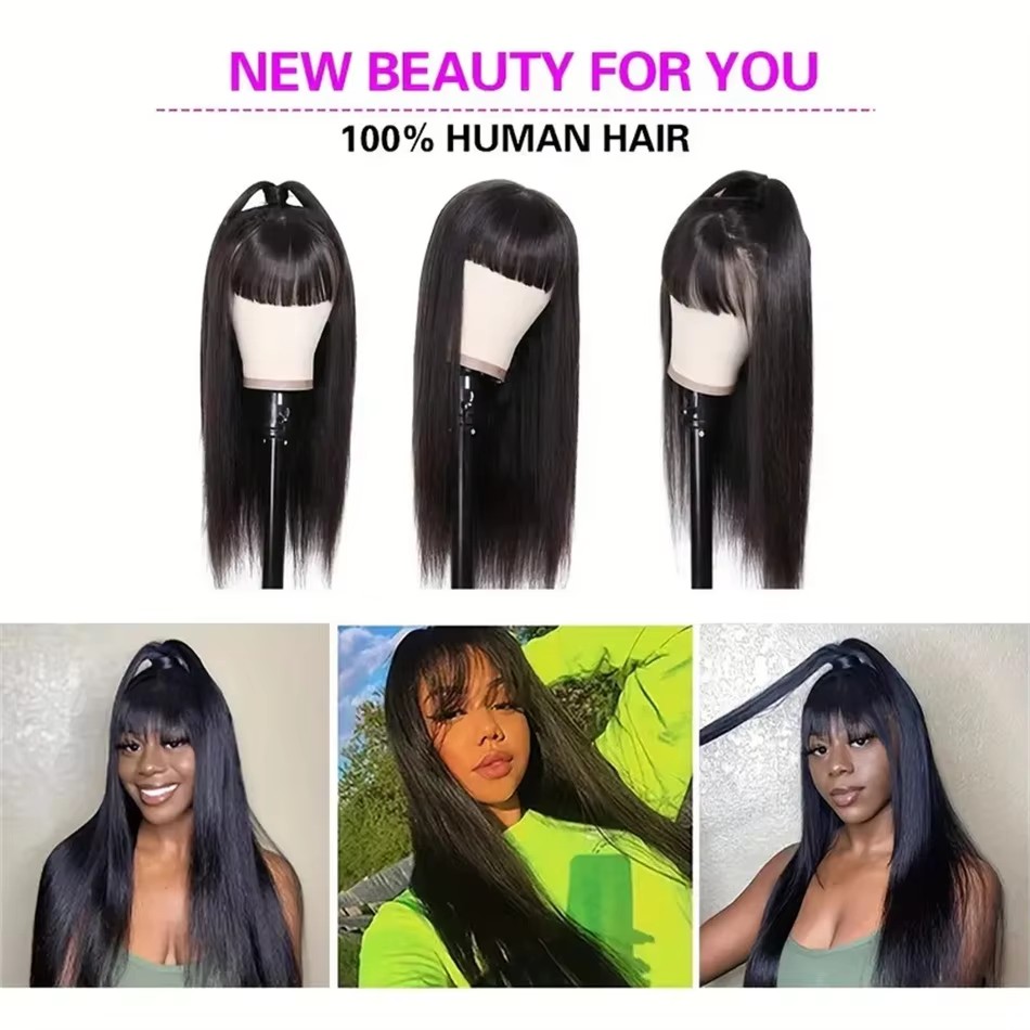 100% Human Hair Wig With Bangs Short Bob lace frontal Wigs For Black Women 150% density Brazilian silky straight 30 Inch Long Fringe Wig