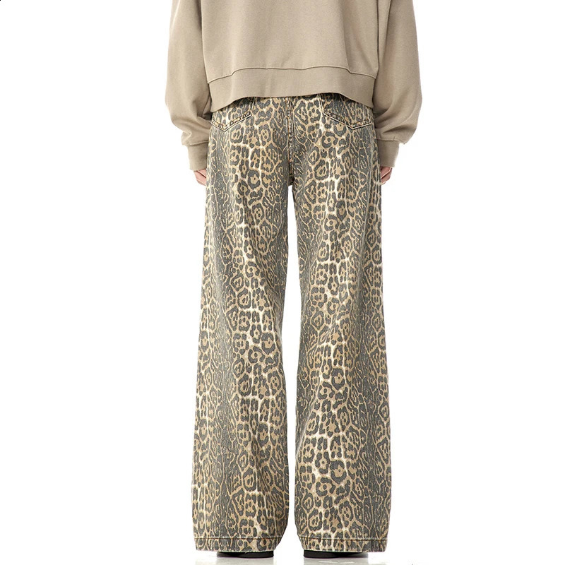 IEFB Leopard Pattern Jeans Mens Streetwear Wide Leg Casual Trousers American Style Straight Loose Male Denim Pants 9W323 250120
