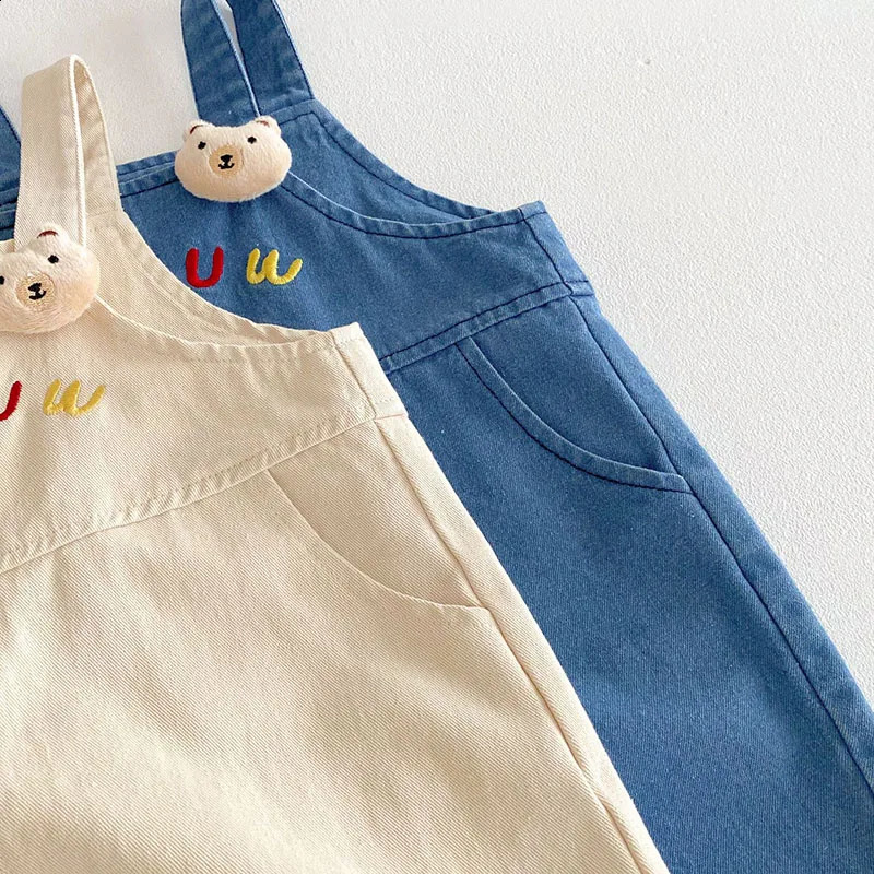 05T Embroidered Letter Cartoon Children Infant Cute Denim Jeans Sweet Loose Casual Girl Boys Pants Strap Overalls 250117