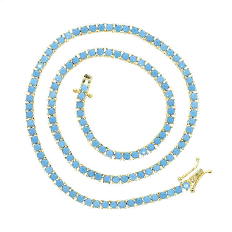 2024 Gold Color Bling 3mm Turquoises Paved Tennis Chain Necklace Mirco Pave CZ Charm Blue Stone Fashion Women Choker Jewelry 250118