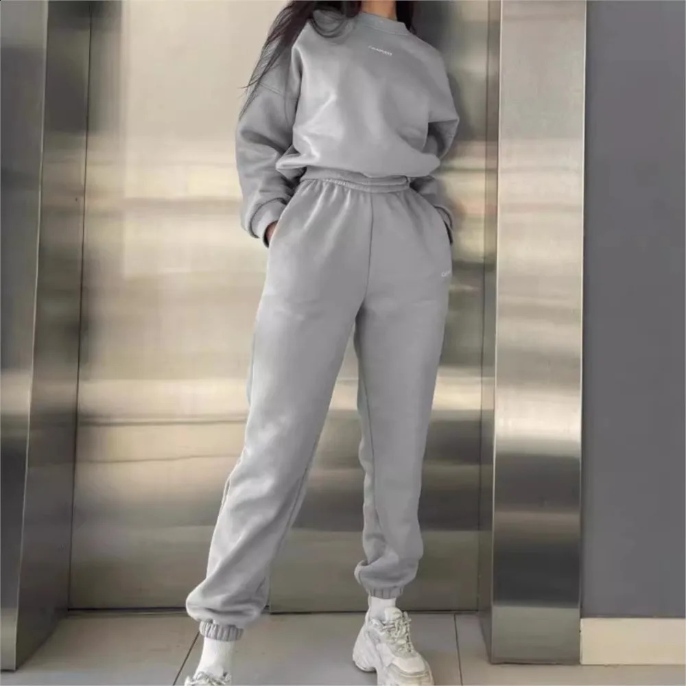 Autumn And Winter Casual Sports Suit Fashion Solid Color Simple Warm Pants Hoodie Female 2 Piece Set 2024 250113