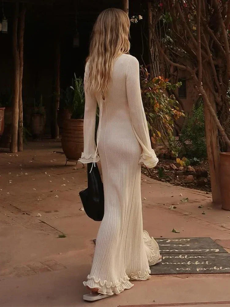 Elegant Solid O Neck Womens Long Dress Chic Long Sleeves Ruffles Lace Up Backless Maxi Dresses 2025 Female Office Vestidos 250122