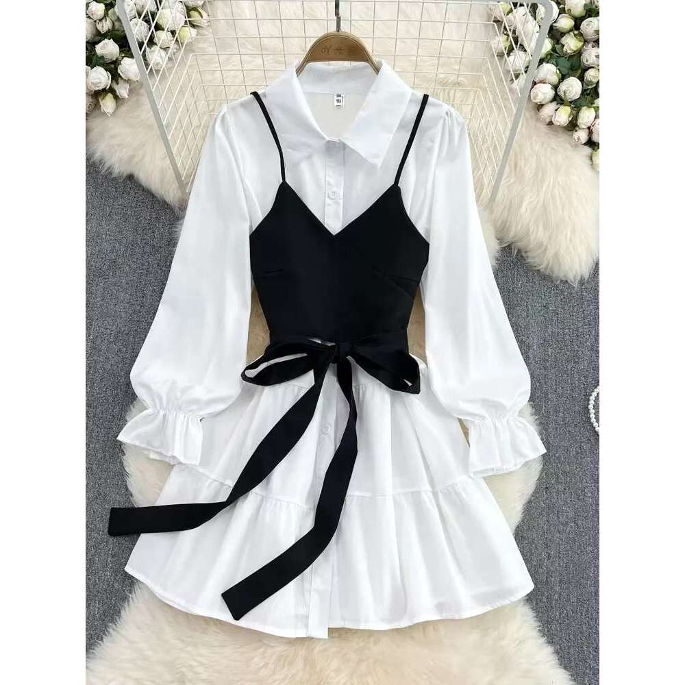 Spring Autumn New Fashion Casual Suit Female Korean Loose White Shirt Slim Vest Dress Two-Piece Set Gd786