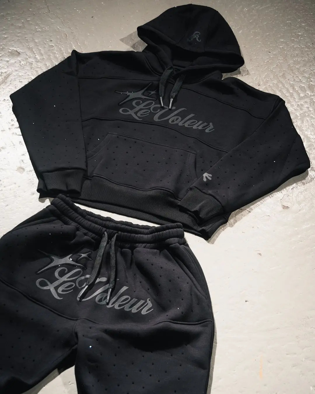 Hoodie Sweatshirt Two Piece Set Y2K Men HipHop Letter Embroidered Vintage Rhinestone Sequins Oversized Sweatshirt Streetwear Set 250122