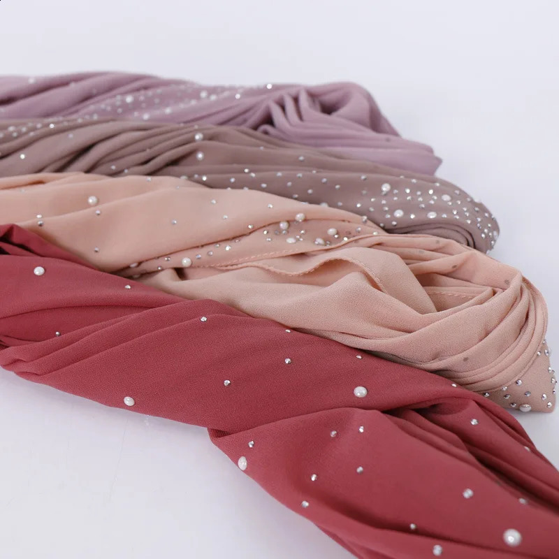 Women Muslim Plain Bubble Pearl Chiffon Scarf Hijab Diamond Rhinestone Shawls Headband Foulard Femme hijabs Scarves 250121