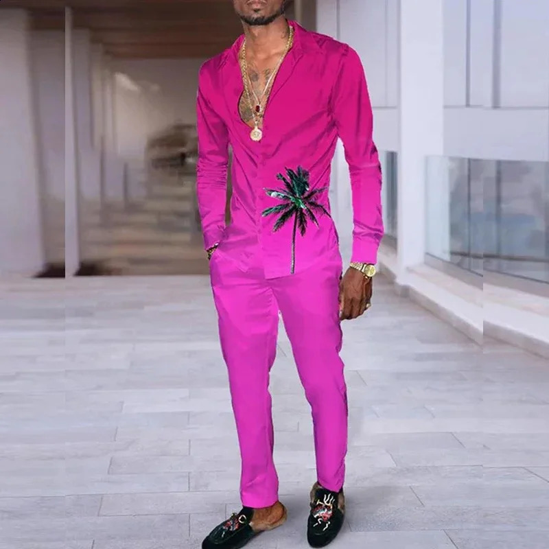 Shirt Set Mens 3D Printing 2PCS Fashion Breathable Business Simple Lapel Long Sleeve And Pants 250120