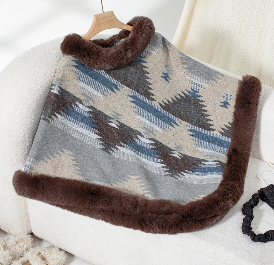 Elegant Cape Jacket Womens Hooded Shirt Winter Casual Cape Fur Collar Geometric Pattern Knitted Shawl Thick Coral Fleece Jacket 250121