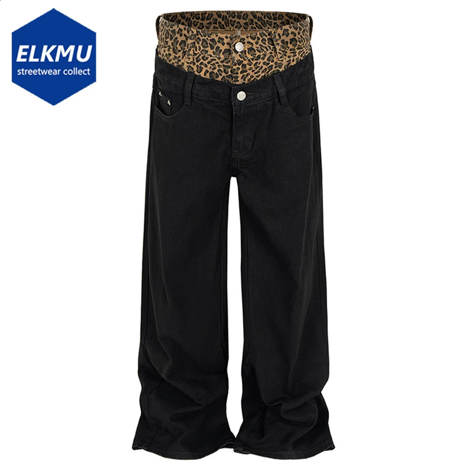 Leopard Patchwork Jeans Fake Two Piece Black Baggy Jeans Mens Loose Denim Pants 250120