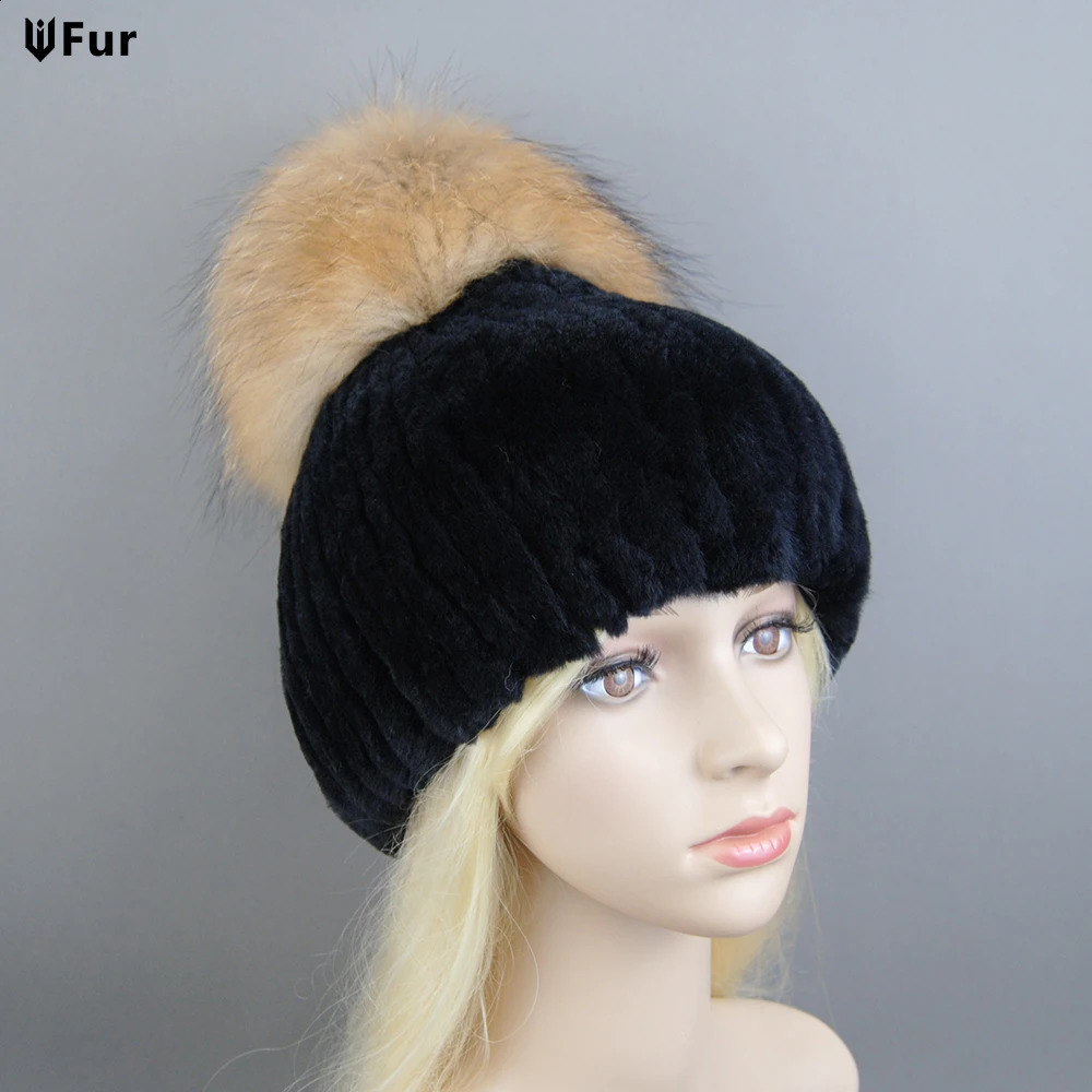 winter warm Rex rabbit fur hat Beanies 100% natural fur hat fashionable knitted leather hat with raccoon fur ball 250109