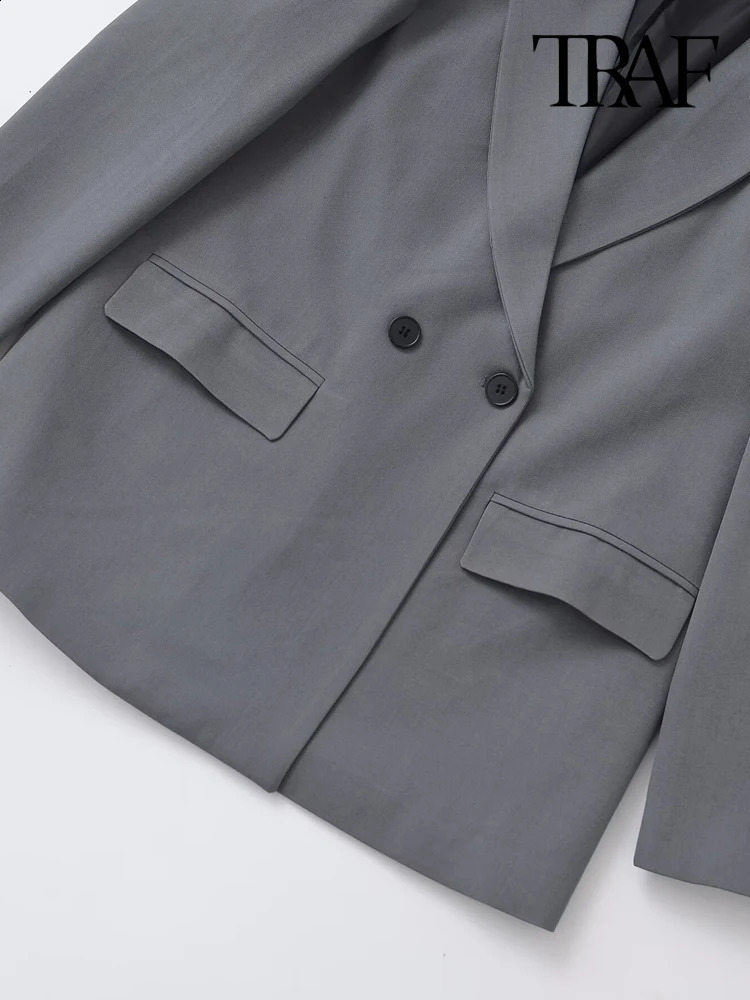 TRAF-Womens Double Breasted Office Wear Blazer Coat Long Sleeve Flap Pockets Female Outerwear Chic Tops Fashion 250109