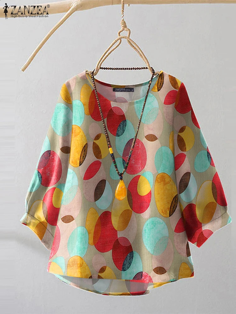 ZANZEA Vintage Polka Dot Blouse Fashion Summer 34 Sleeve Tops 2025 Irregular Hem Round Neck Shirt Chic Holiday Colorful TOP 250122