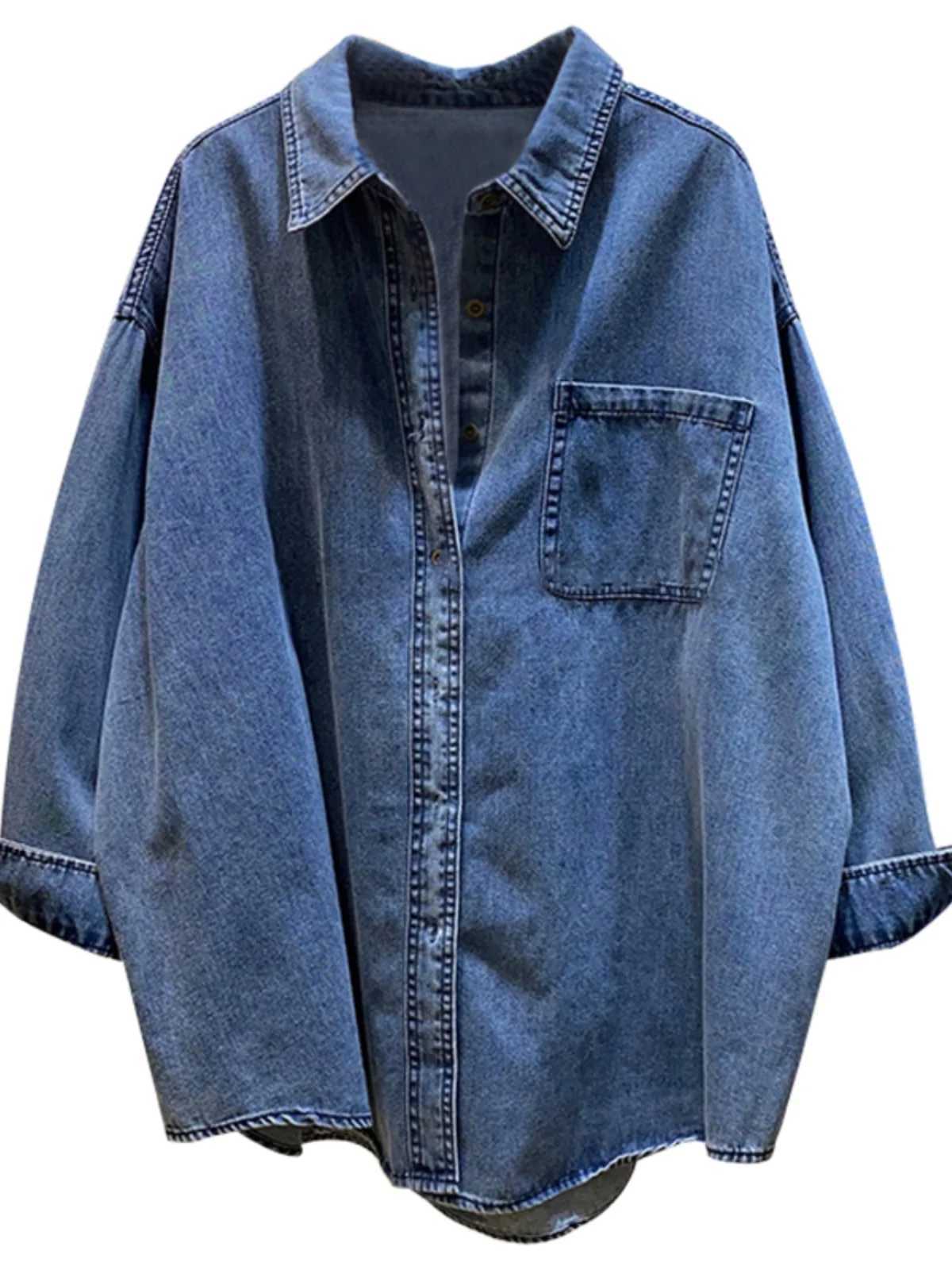 French Style Retro Denim Shirts Women Spring Autumn Turn-down Collar Long Sleeve Loose Thin Jacket Leisure Female Blouse Tops M250121
