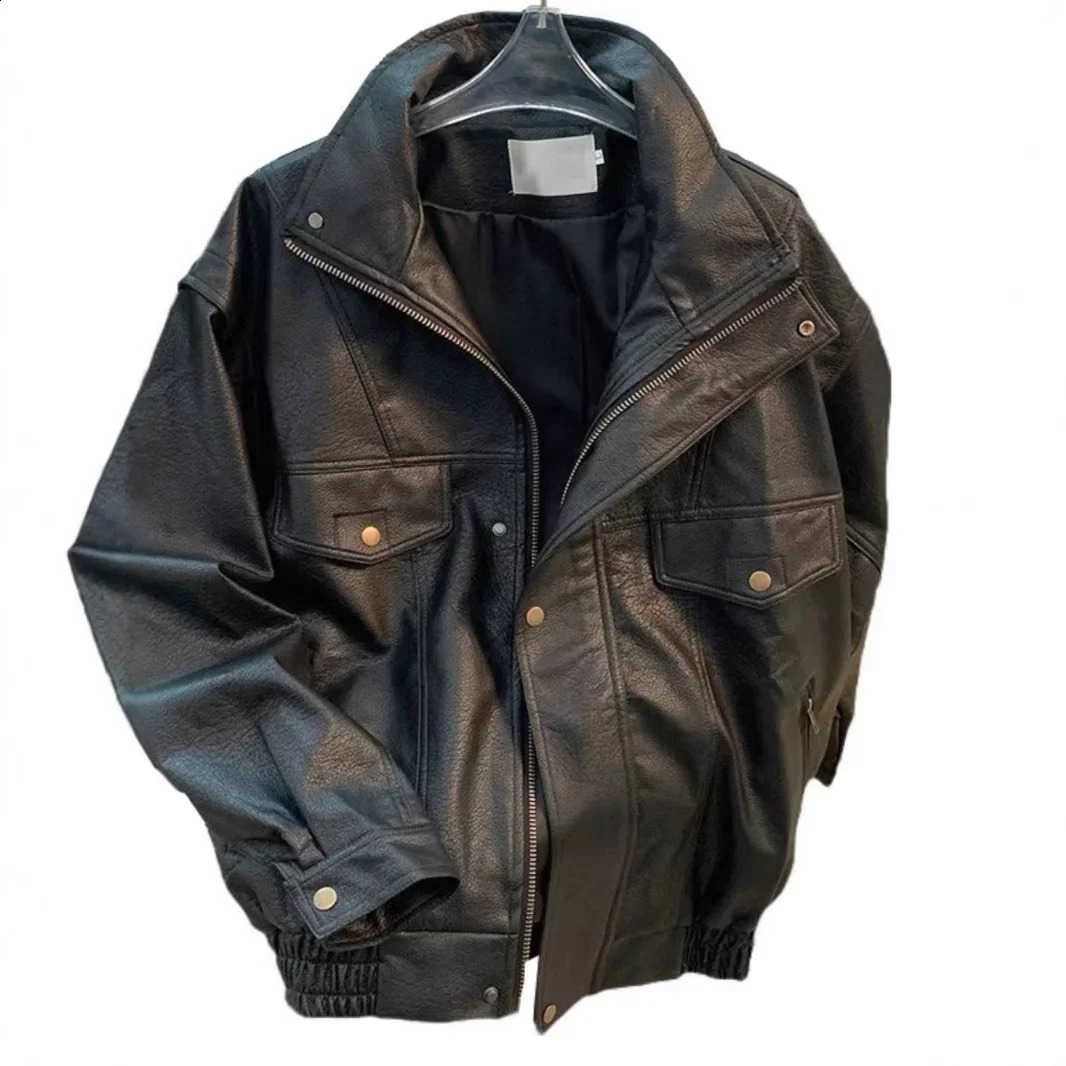 Mens Spring Autumn HighEnd FeelStand Collar Pu Jacket LooseFit Trendy Motorcycle Vintage Leather Clothing 250109