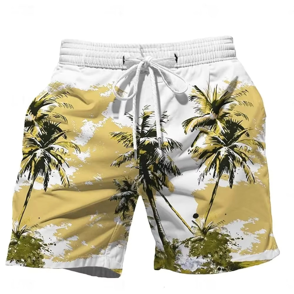 New4 Summer Oversized Casual Men's Drawstring Quick Dry Hawaii Holiday Sports Swimming Trunks Coconut Tree Printed Shorts
