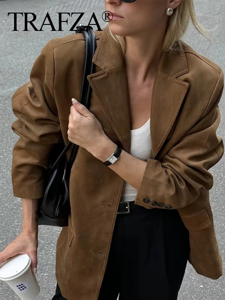 TRAFZA Trendy Suede Blazer For Women Autumn Causal Solid Color Single Breasted With Pockets Long Sleeves Lapel Retro Coats 250109