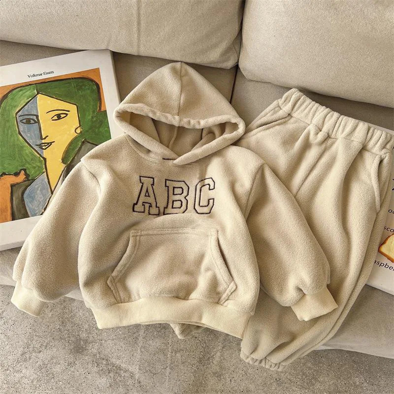Autumn Winter Boys Clothing Set Double-Sided Velvet Letter Print Thick HoodiesPants 2Pcs Suit For 1-8Y Girls Warm Outfit 250113