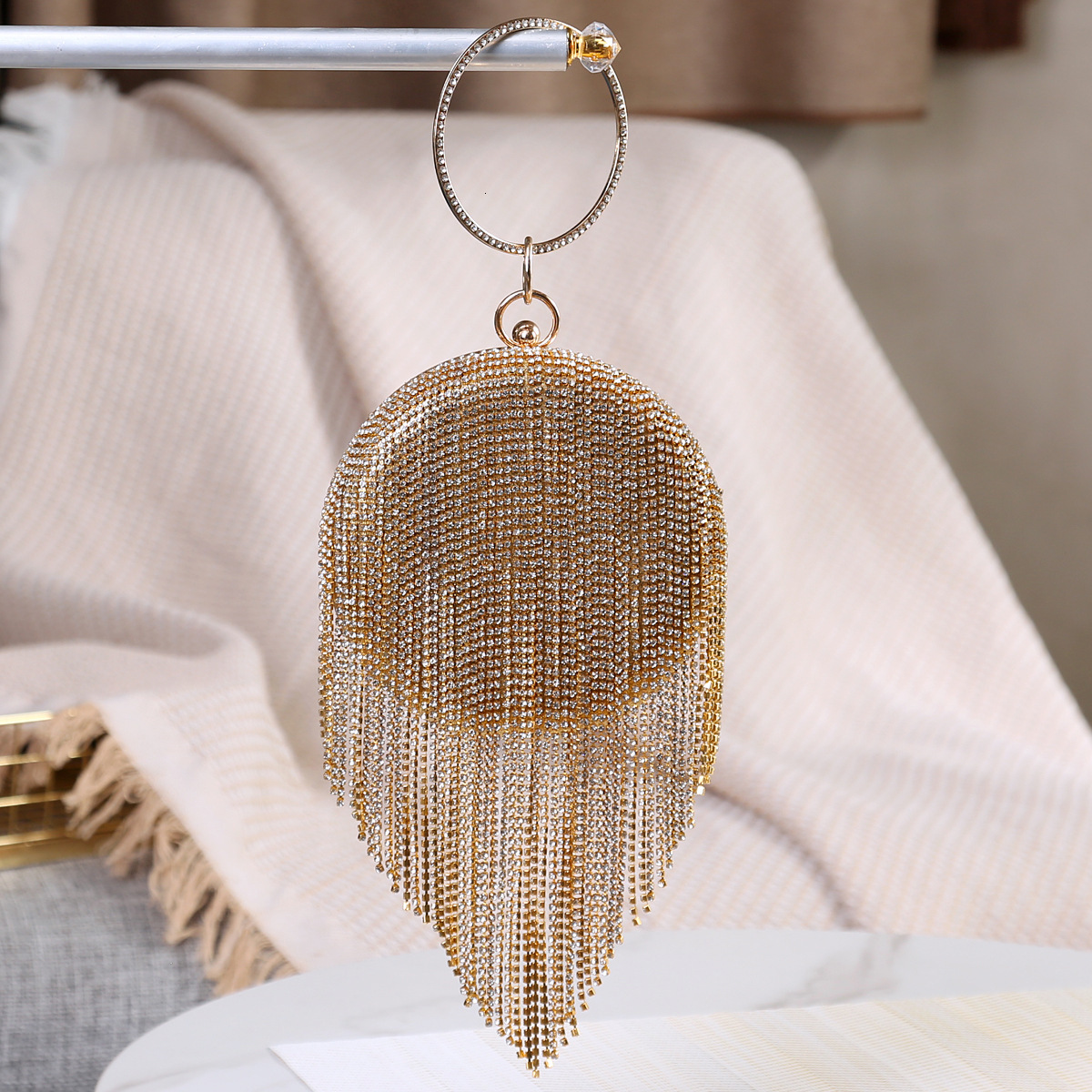 new style New Flat Spherical Tassel Rhinestone Dinner Handbag Women's Dress Chain Bag Xiyin Same Style