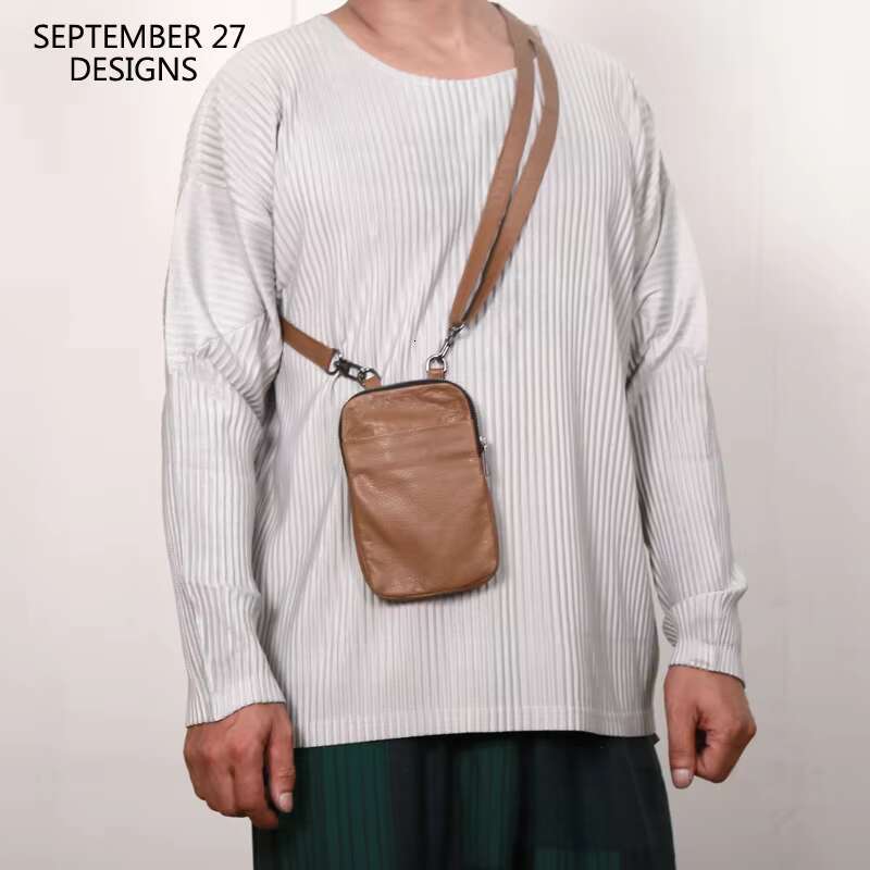 Men Mini Satchel Genuine Leather Messenger Crossbody Bags Unisex Storage Cell Phone Bag Simple Hanging Neck Pouch
