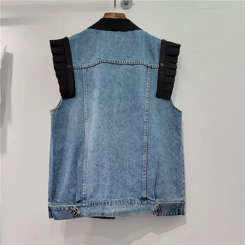 Vintage Blue Suit Collar Splicing Denim Vest Women Loose Long Waistcoat Cowboy Sleeveless Jacket Coat Pocket Jeans Vest Female 250122