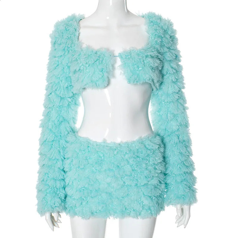 Sexy Fur Crop Tops 2 Piece Skirt Sets Mini Dress Winter Fall Clothes Club Outfit Elegant Ladies Two Piece Skirt Sets 250113