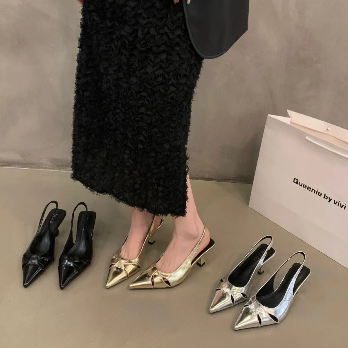 French Temperament Black High-heeled Baotou Sandals Women Summer Pointy Silver Single Shoes 250113