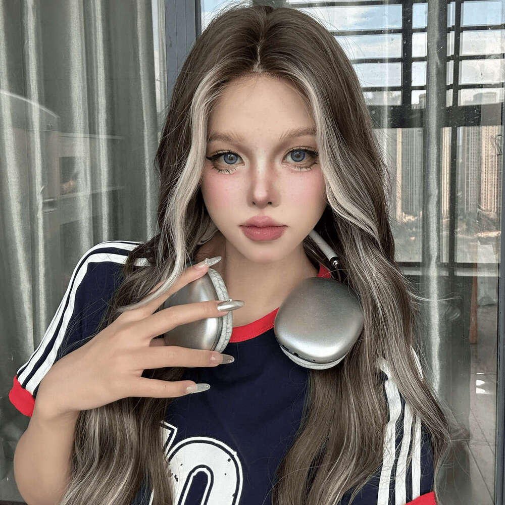 Lace Front Wig Cover T Shape Kuku Princess Small Lace Wig Female Long Curled Grey Gold Pickled Natural Full Head American Asian Hair Set