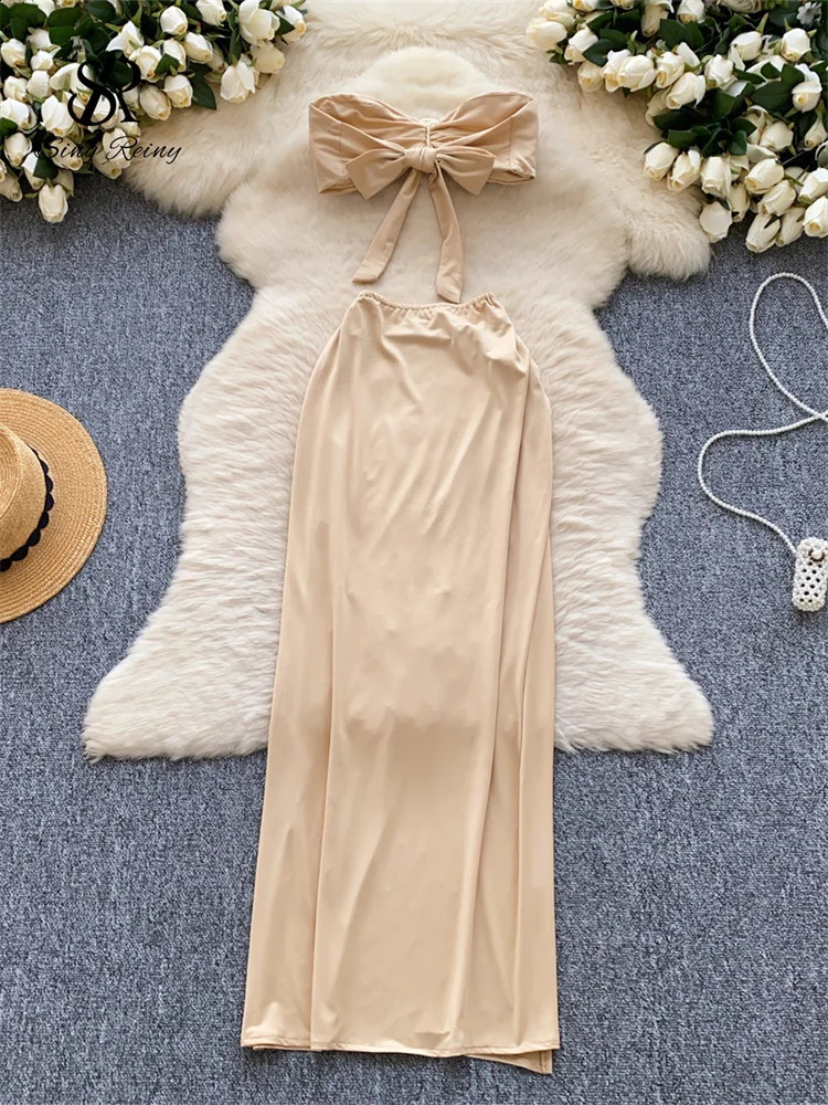 SINGREENY Vacation Styles Female Beach Skirt Sets Strapless Tank TopSplit Skirt Suit Fashion Fold Solid sexy long bikini swimsuit 250110