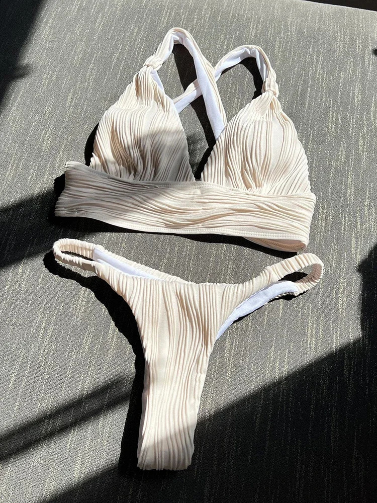 Sexy Bathing Suit Women White Swimwear V-Neck Bikini Set Summer Cross Beach Wear Striped Two-Piece Split Biquinis Fashion 250109