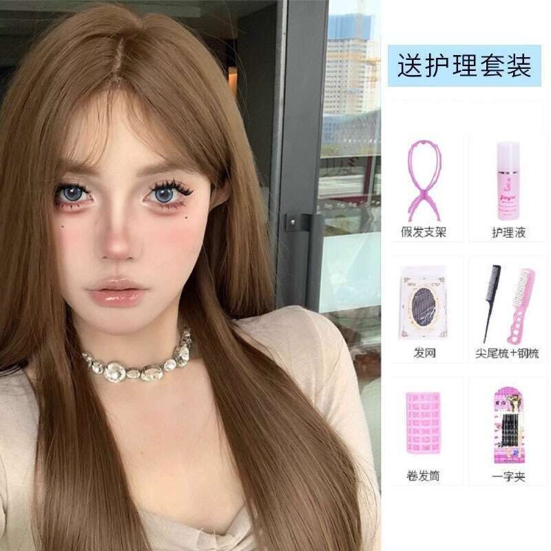 Lace Front Wig Cover T Shape Koni Overseas Good Girl Wig Female Daily Internet Celebrity Long Hair One Word Front Lace Middle Split Full Headset