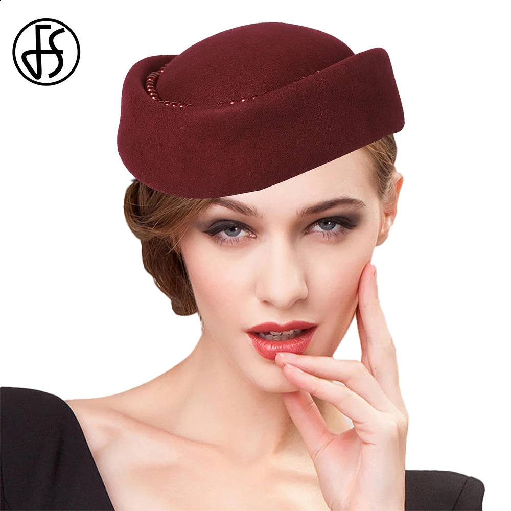 FS y Wine Red Wool Beret Winter Church Hats For Women Elegant Wedding Hat With Faux Pearl Vintage Felt Fedoras Chapeau 250118