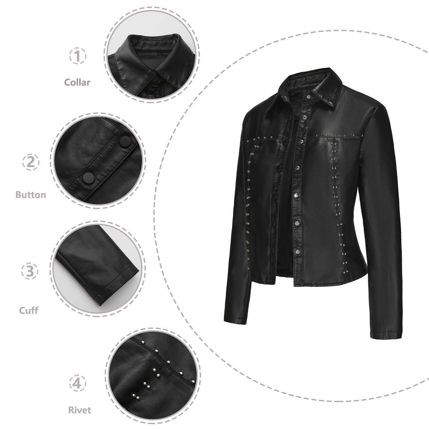 Spring Autumn New Rivet Leather Jacket Cardigan Button Up Leather Jacket Fashion Trend Thin Coat Womens Clothing Womens Leather Womens Jacket 241209