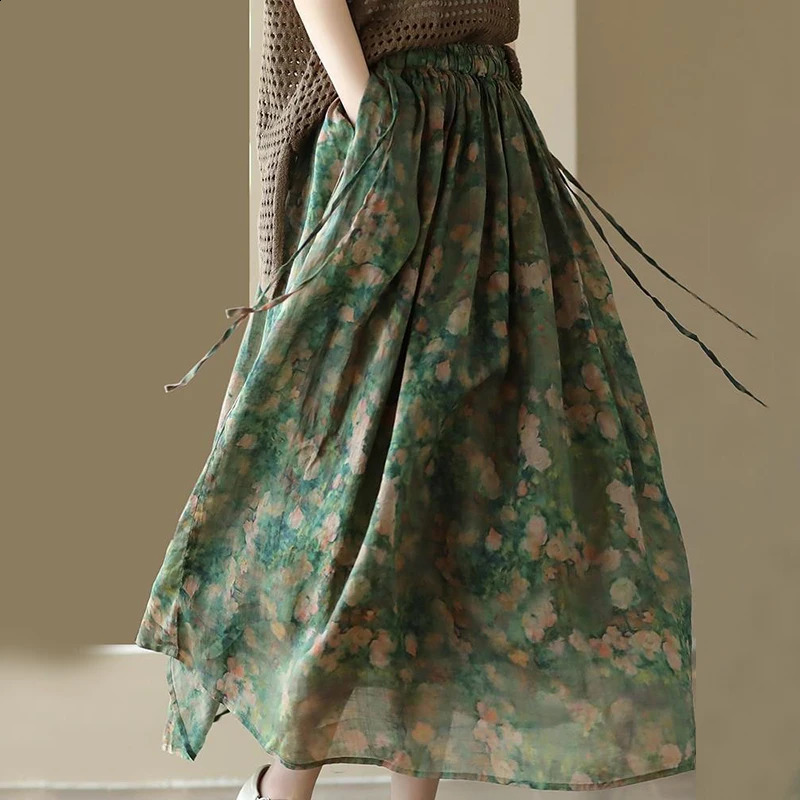 Vintage Printed Long Skirt Cotton Linen Floral Elasticated Waist Tie Skirts Summer Flowing Literary Artistic Forest Women 250110