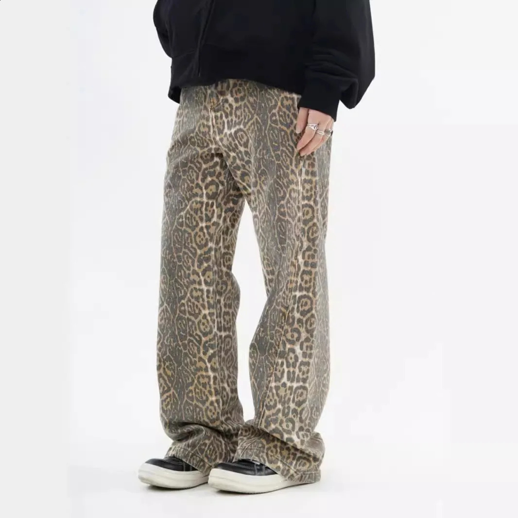 Vintage Y2k Leopard Print Jeans Mens and Womens High Street Loose Straight Trousers Trendy Wide-leg Trousers 250120