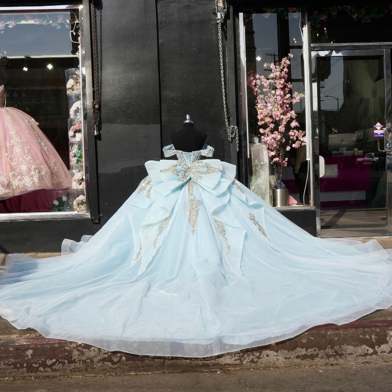 Sky Blue Quinceanera Dresses Ball Gown Off The Shoulder Applique Lace Beading Bow Tull Party Birthday Sweet 16 Dress Vestidos 15 De Anos