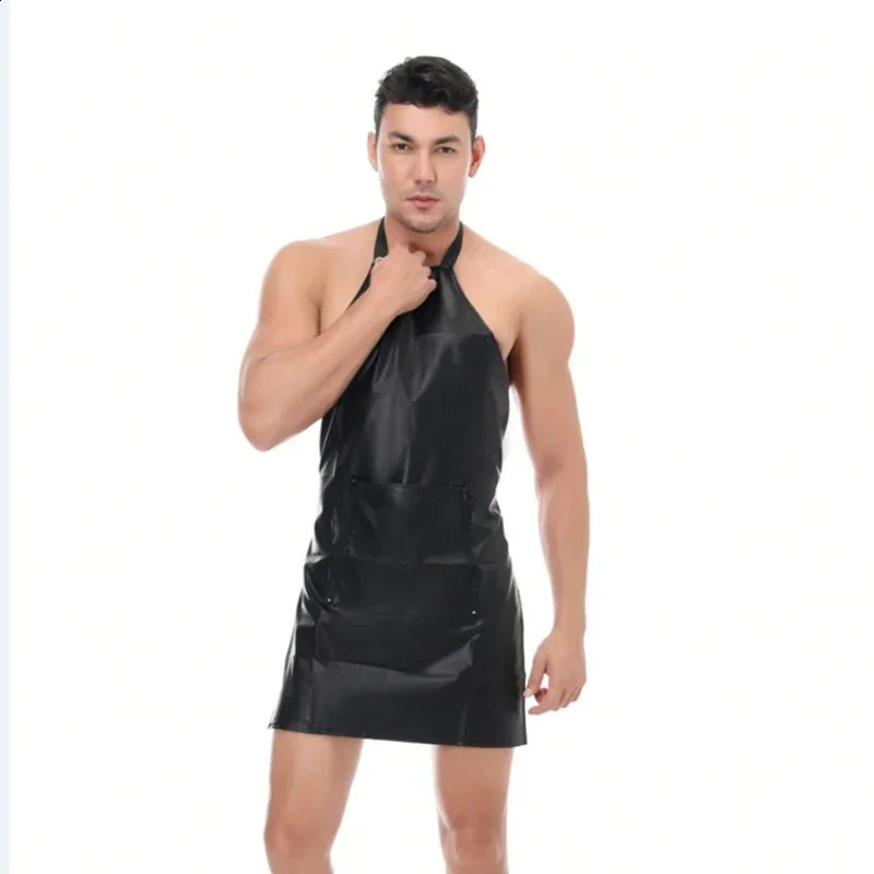 Men Sexy Bodysuits Apron Hollow Out Erotic Clubwear Black OnePiece Kitchen Dress Bodyshaper Gay Penis Hole Backless Lingerie 250108