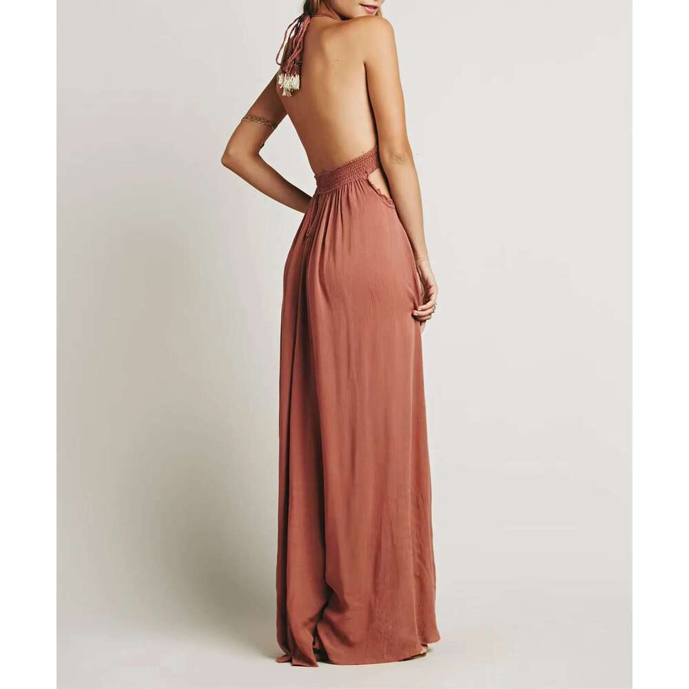 Beach Sundress V Neck Backless Sexy Holiday Cotton Maxi Dresses Boho Vestidos Vacation Strapless Dress