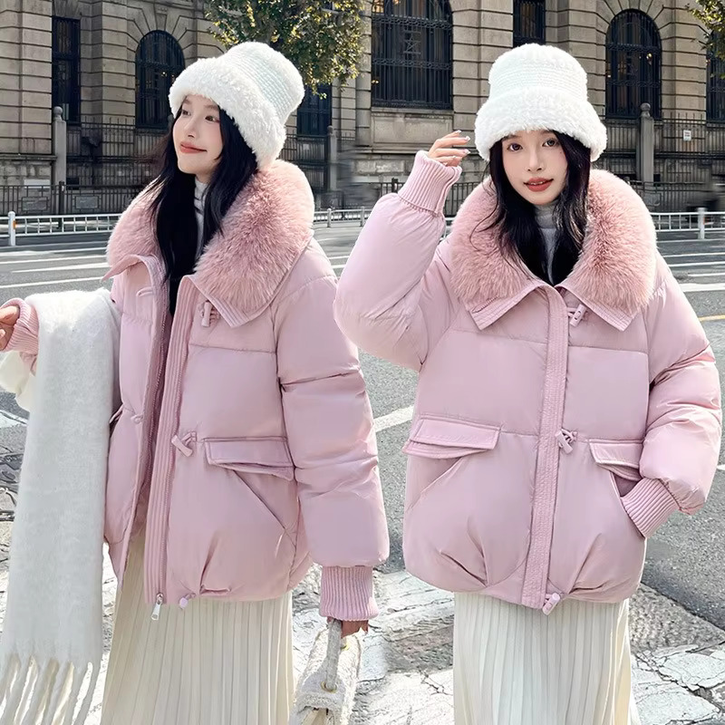 Short Puffer Cotton-Padded Clothes Coat Women Winter Large Fur Collar Jacket 2024 New Korean Loose Lapel Bread Outerwear