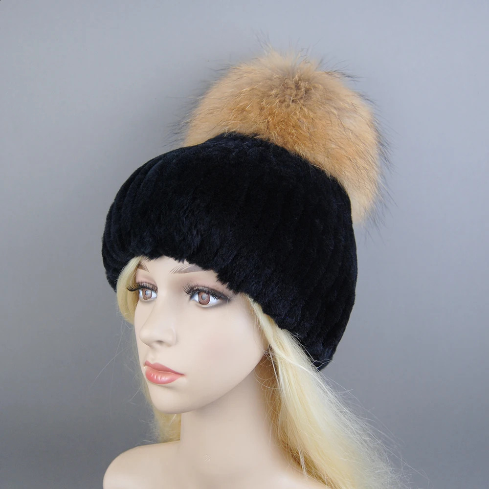 winter warm Rex rabbit fur hat Beanies 100% natural fur hat fashionable knitted leather hat with raccoon fur ball 250109
