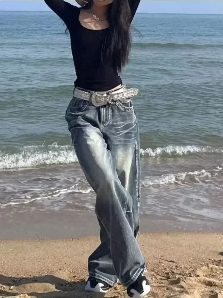 HOUZHOU Y2K 2000s Retro Bagged Jeans Harajuku Womens Street Clothing Oversized Denim Pants Korean Gyaru Grunge Hip Hop Trouser 250117