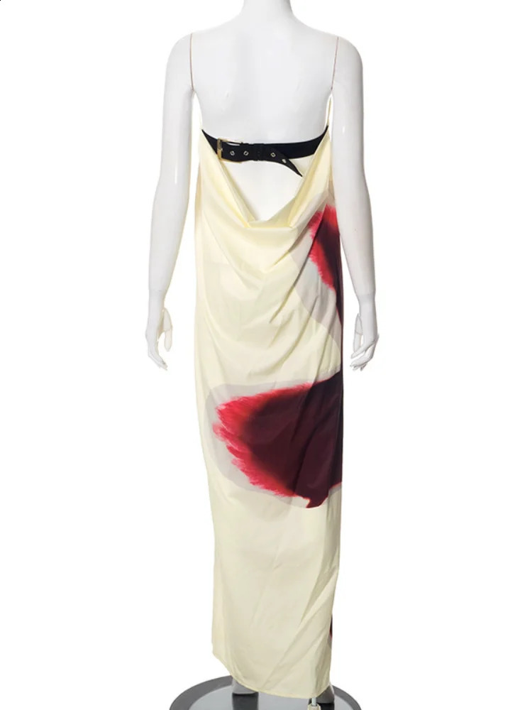 Strapless Back Belt Sleeveless Womens Long Dress Sexy Printed Backless Off Shoulder Dresses Summer Casual Vacation Beach Robes 250122