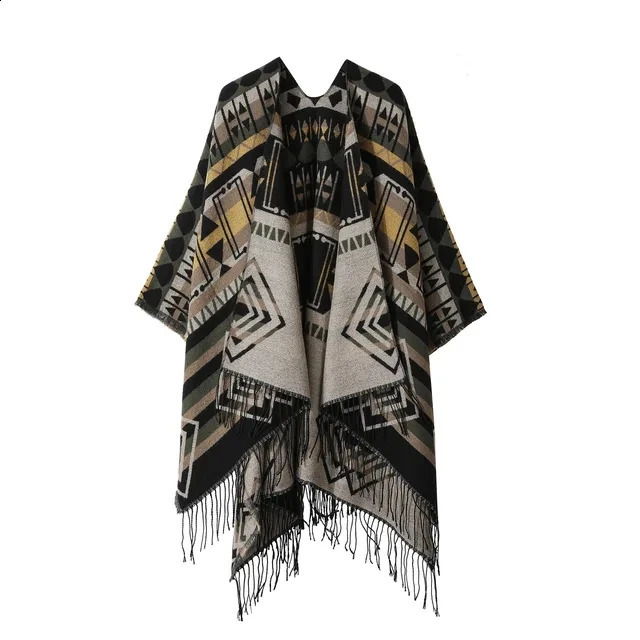 Poncho Split Warm Shawl Vintage Ethnic Style Scarf Cashmere Tassel Women Cape Lady Cloak Warm Coat Khaki 250121