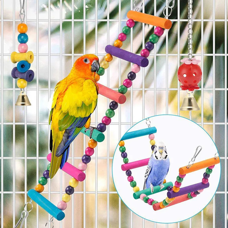 12Pcs Bird Cage Toys for Parrots Wood Birds Swing Reliable Chewable Bite Bridge Wooden Beads Shape Parrot Toy Colorful Funny Toy 250121