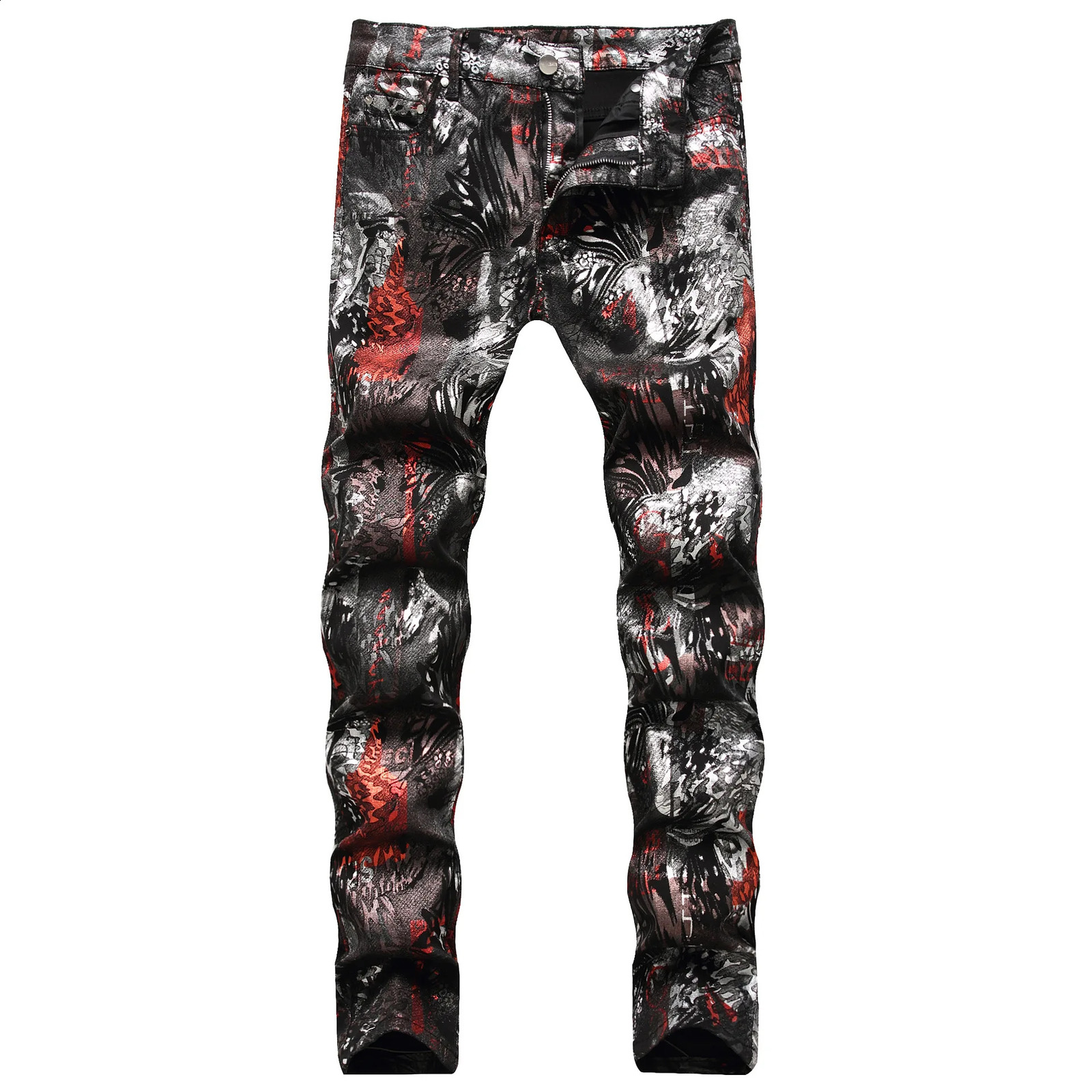 Mens European-style fashion PU jeans mens personality leopard print pattern painted print graffiti slim jeans men 250120